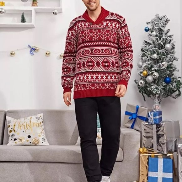 Red Christmas Sweater for Men Fair Isle Knitted Sweater - Full Sleeve Collared - Picture 10 of 11